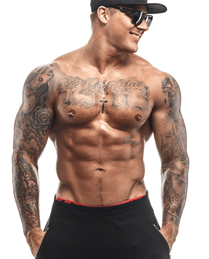 Tattooed model evotique entertainment smiling with black cap and sunnies