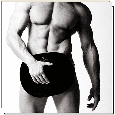 Evotique Entertainment male stripper holding hat over private part