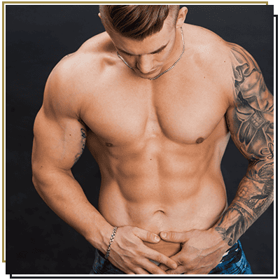 male with abs posing Byron Bay Topless Waiter