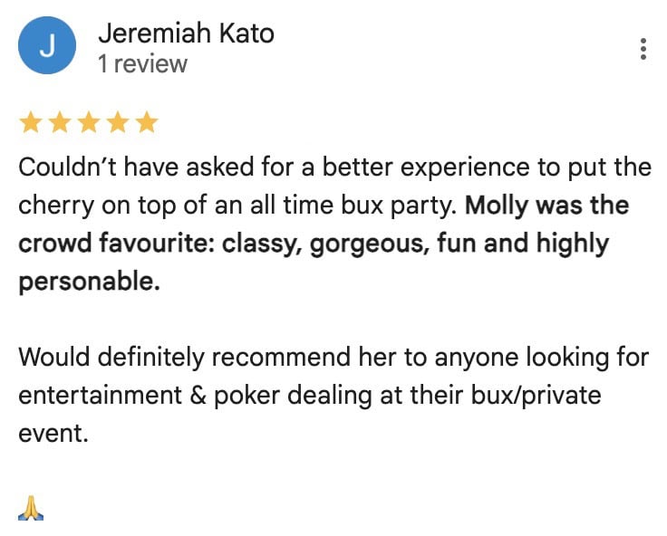A 5-star Google review from a satisfied customer, Jeremiah Kato, praising Evotique Entertainment's service, highlighting Molly as classy, gorgeous, fun, and personable. The review recommends her for entertainment and poker dealing at private events.